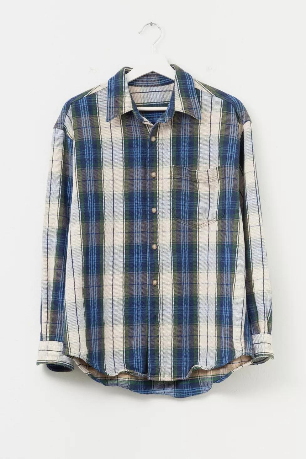 Vintage 1980s Distressed Blue White Cotton Plaid Button Up Work Shirt by URBAN OUTFITTERS