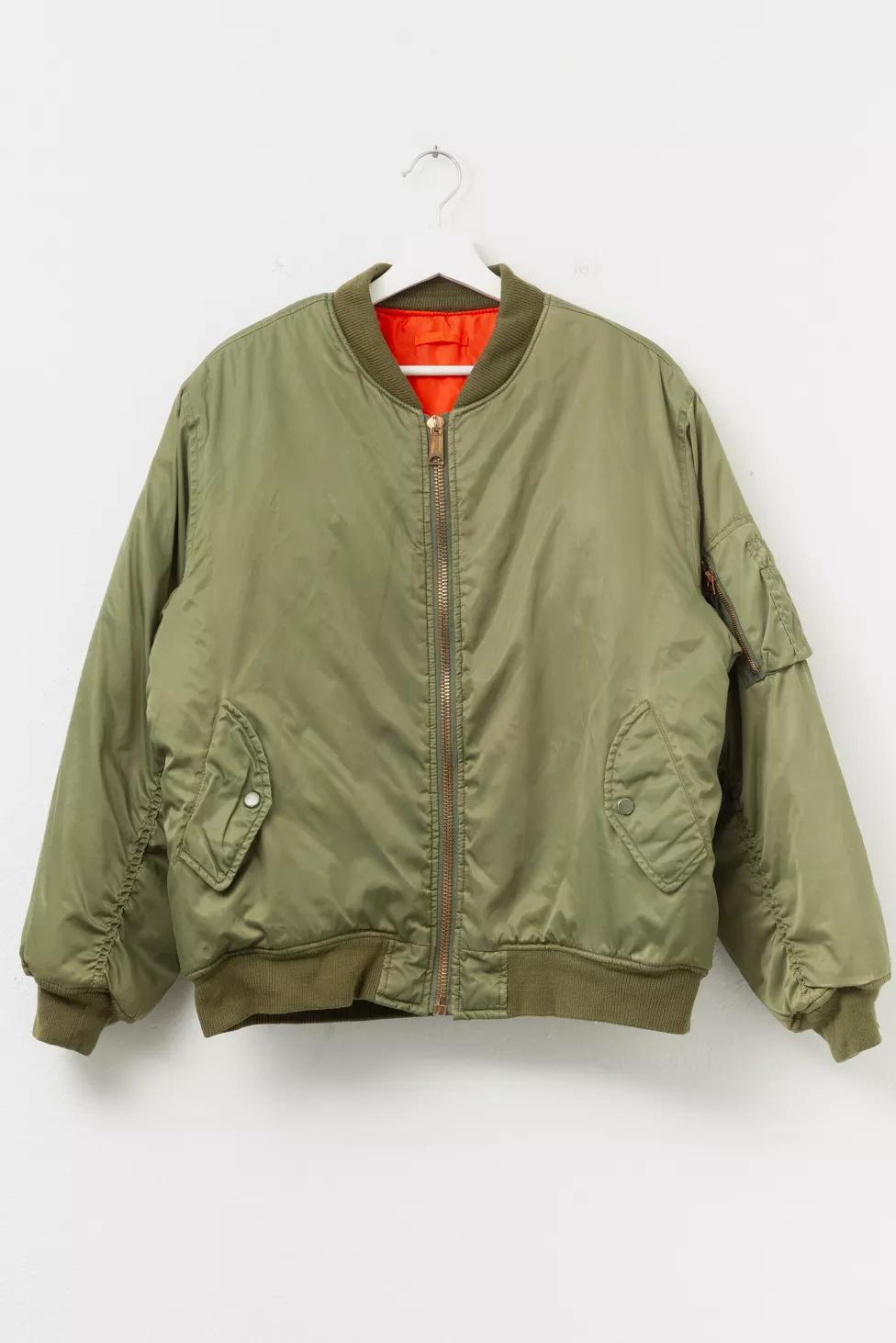Vintage 1980s Distressed Green Nylon Bomber Flight Jacket by URBAN OUTFITTERS