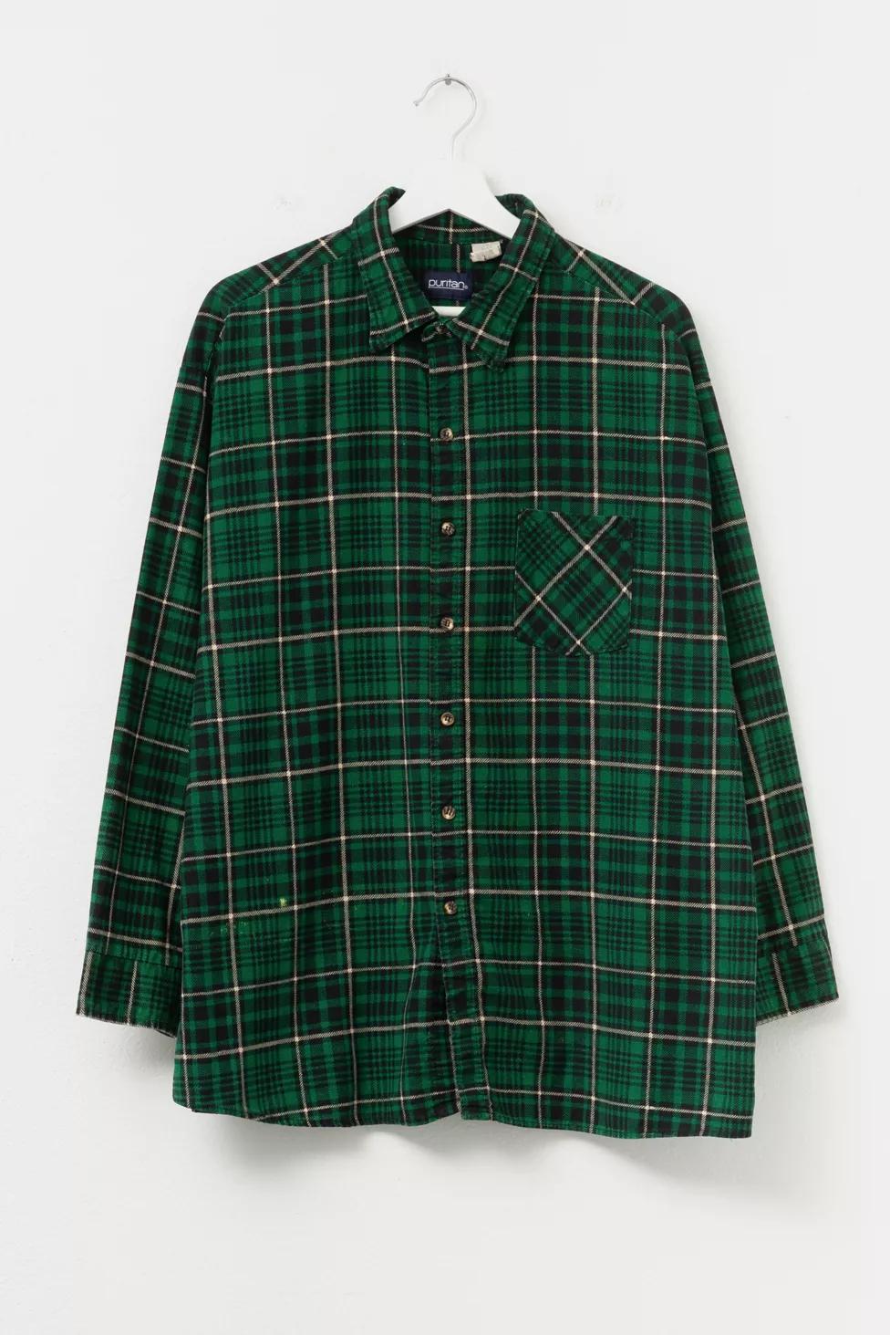 Vintage 1980s Green Black Plaid Cotton Flannel Button Up Shirt Made in USA by URBAN OUTFITTERS