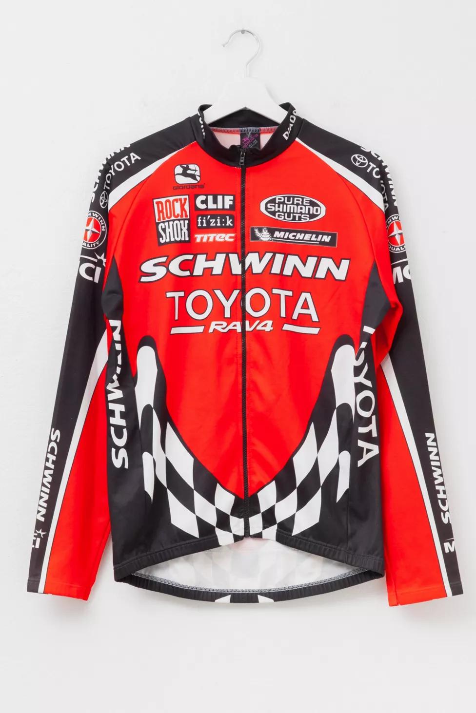 Vintage 1990s Schwinn Toyota All Over Print Red Black Rock Shox Mountain Bike Racing Jersey by URBAN OUTFITTERS Vintage 1990s Schwinn Toyota All Over Print Red Black Rock Shox Mountain Bike Racing Jersey by URBAN OUTFITTERS