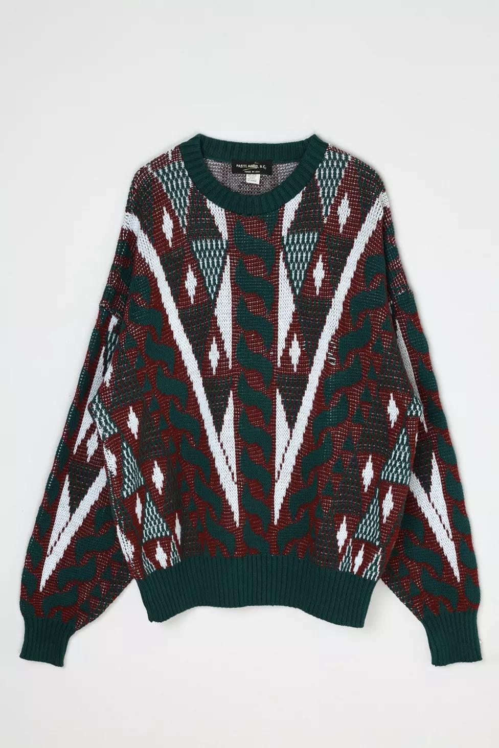 Vintage 90s Dark Green & Red Patterned Knit Sweater by URBAN OUTFITTERS