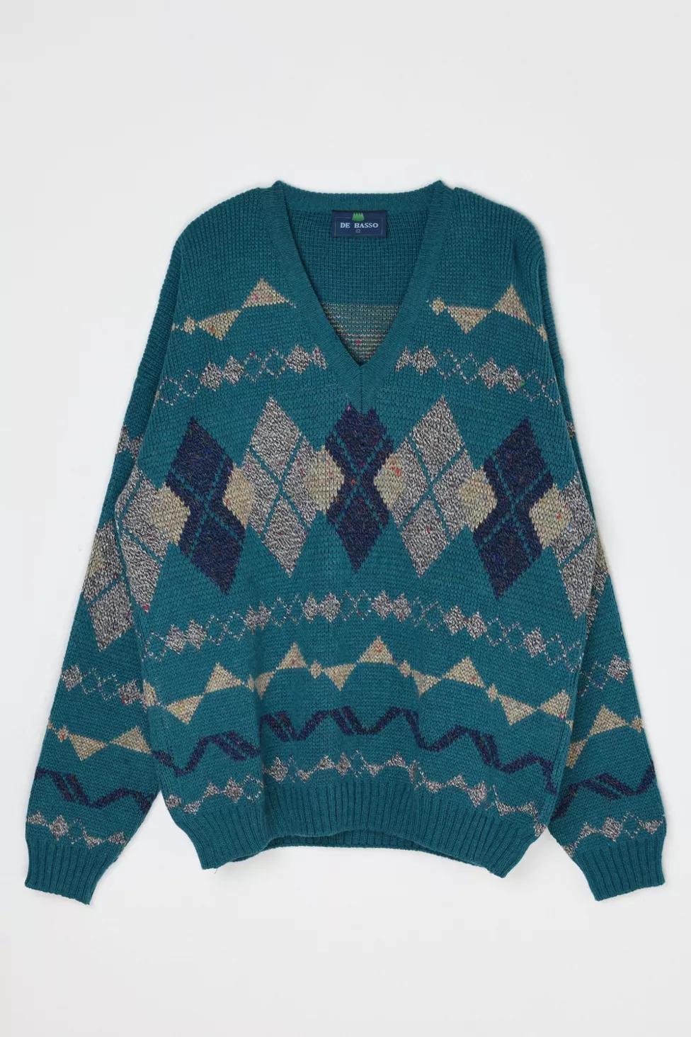 Vintage 90s Teal Argyle V-Neck Sweater by URBAN OUTFITTERS
