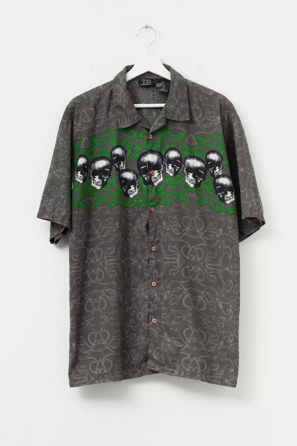 Vintage Y2K Skull Graphic Print Short Sleeve Button Up Shirt by URBAN OUTFITTERS