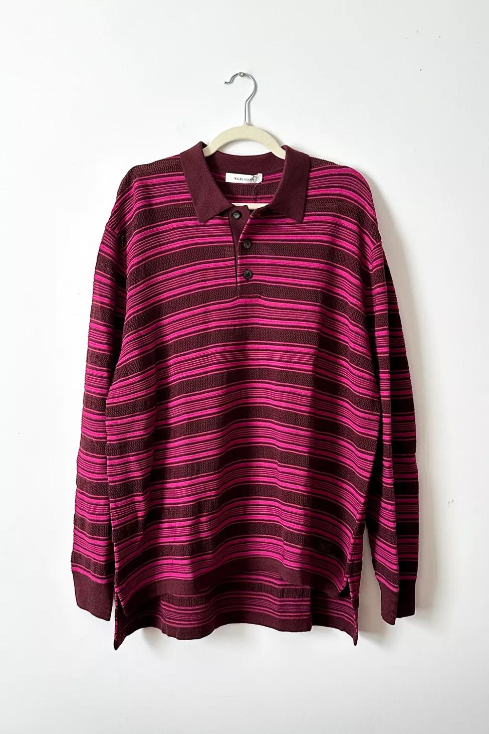 Wales Bonner Burgundy Billie Stripe Knit Polo by URBAN OUTFITTERS