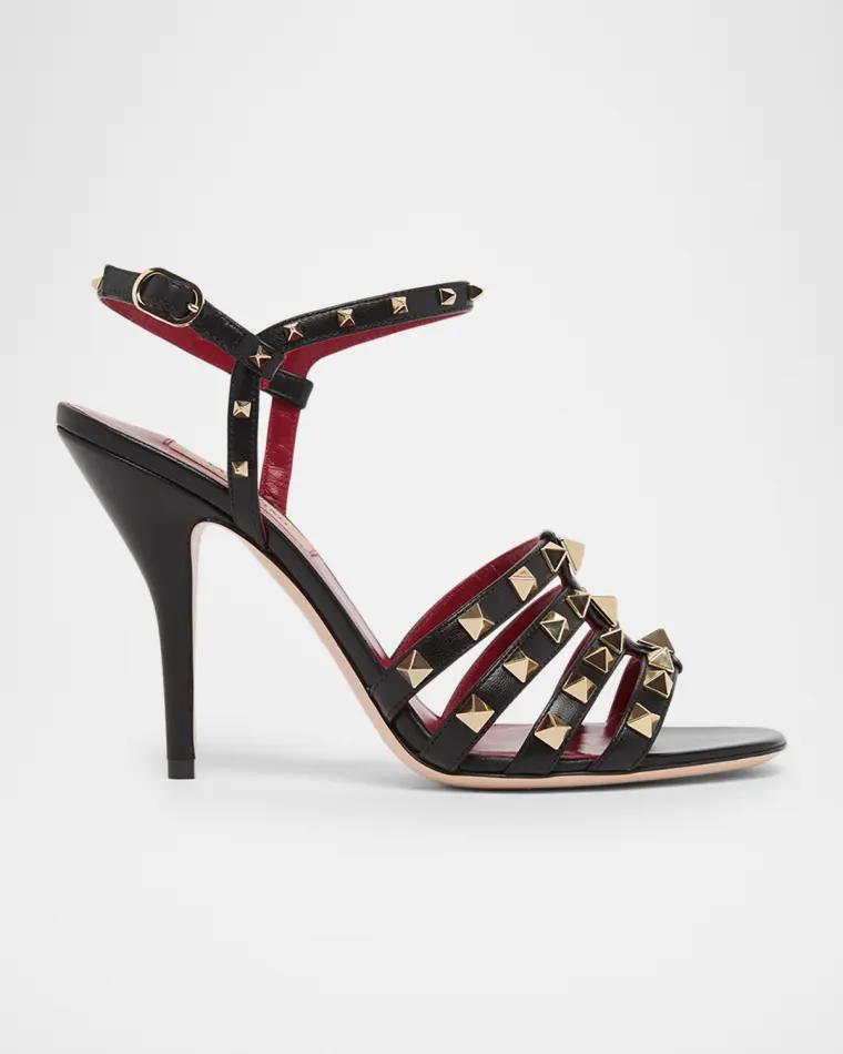 100mm Rockstud Leather Ankle-Strap Sandals by VALENTINO
