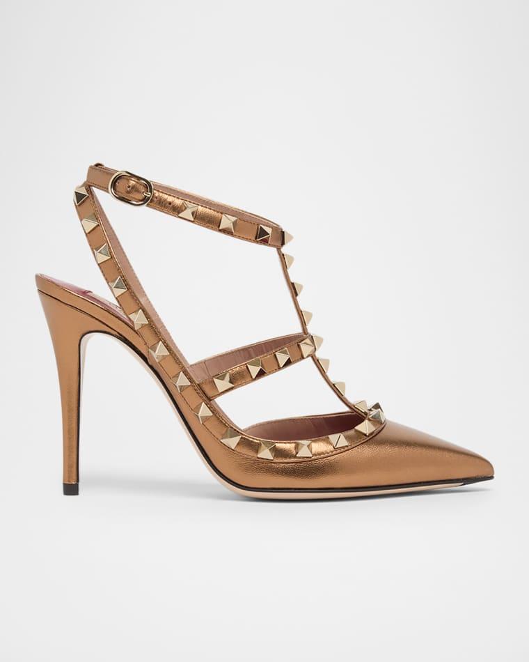 100mm Rockstud Metallic Leather Ankle-Strap Pumps by VALENTINO