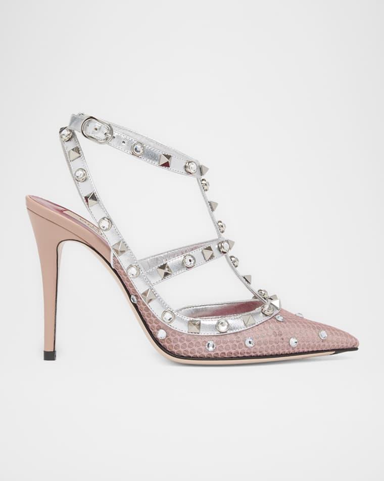 100mm Rockstud Mixed Leather and Mesh Ankle-Strap Pumps by VALENTINO