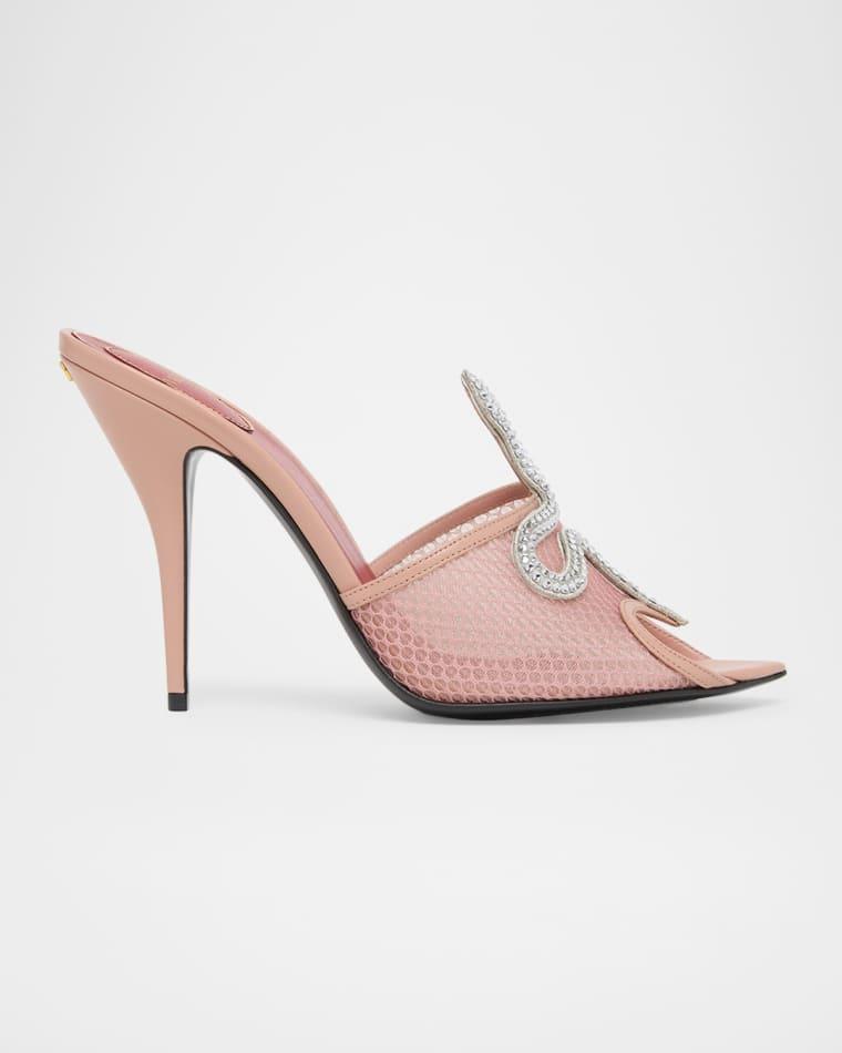105mm Embellished Snake Leather Mesh Mule Pumps by VALENTINO