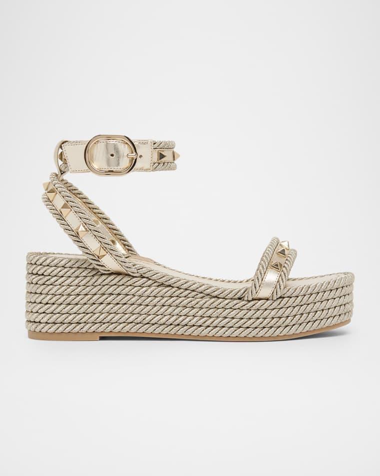 45mm Rockstud Leather Espadrille Flatform Sandals by VALENTINO