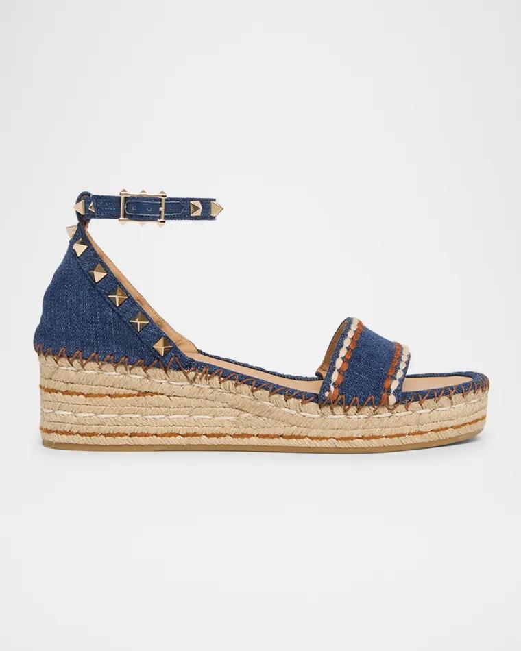 55mm Rockstud Denim Wedge Espadrille Sandals by VALENTINO