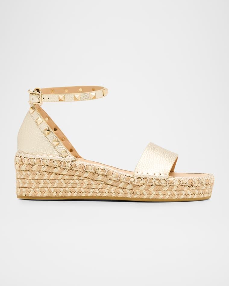 55mm Rockstud Metallic Leather Wedge Espadrille Sandals by VALENTINO