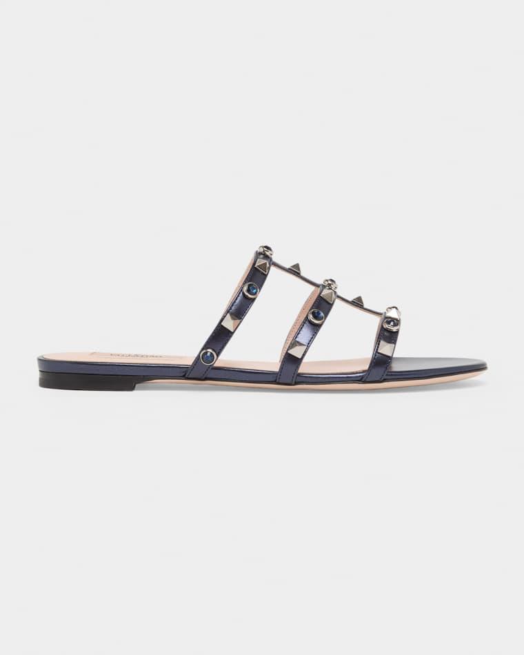 5mm Rockstud Metallic Leather Flat Slide Sandals by VALENTINO