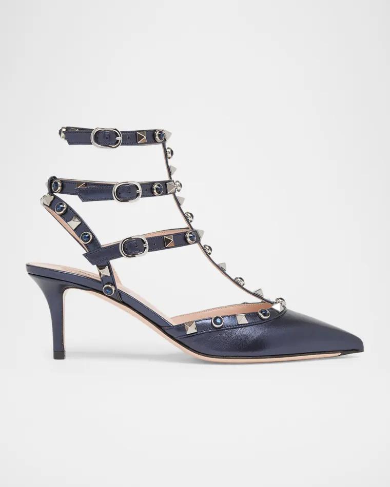 65mm Rockstud Metallic Leather Ankle-Strap Pumps by VALENTINO