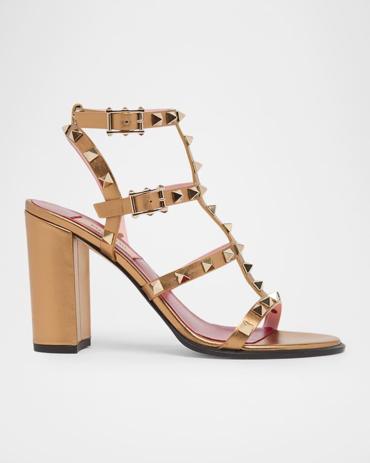 90mm Rockstud Metallic Leather Block-Heel Sandals by VALENTINO