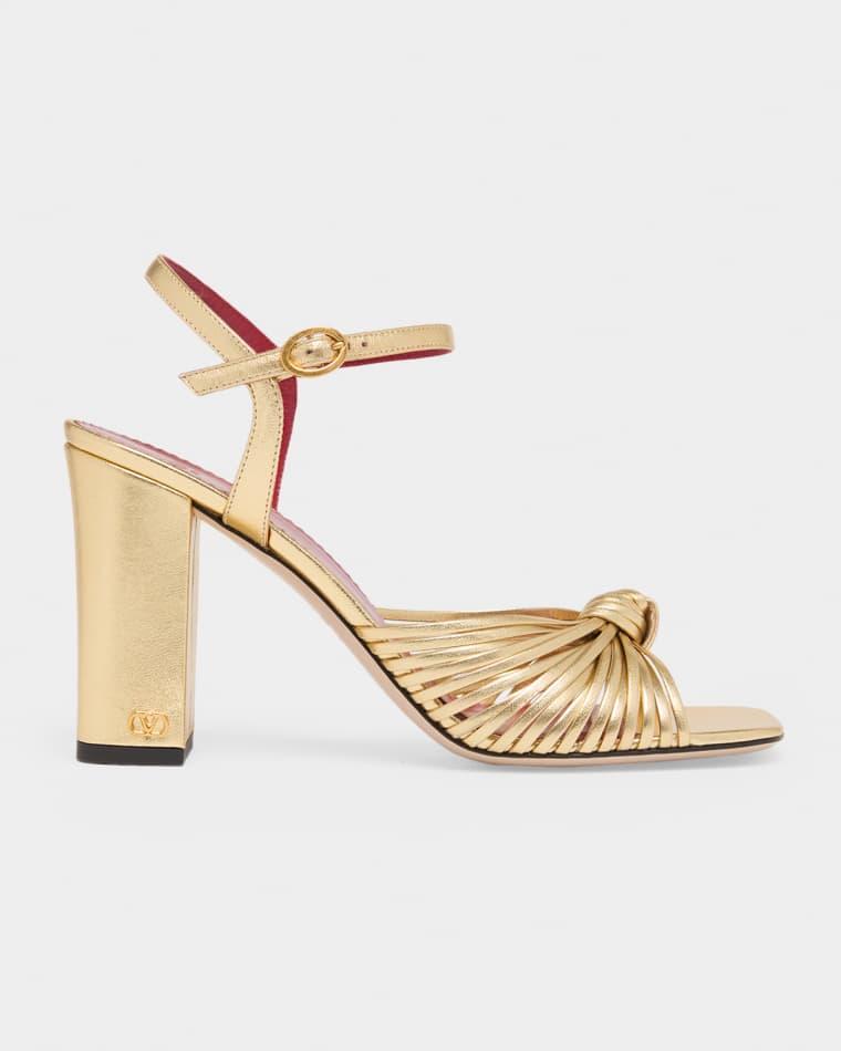 90mm VLogo Anne Metallic Leather Block-Heel Sandals by VALENTINO