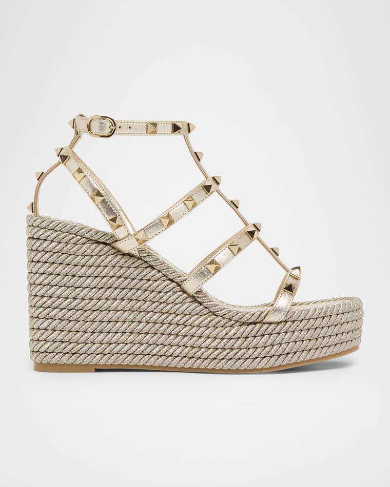 95mm Rockstud Leather Espadrille Wedge Sandals by VALENTINO
