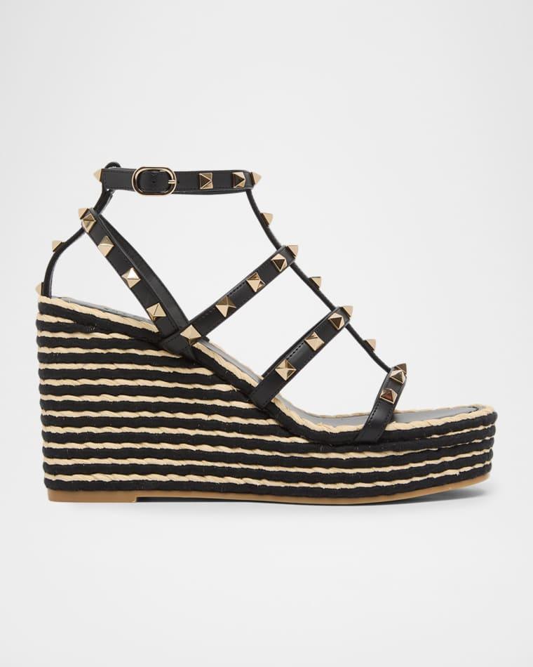 95mm Rockstud Leather Espadrille Wedge Sandals by VALENTINO