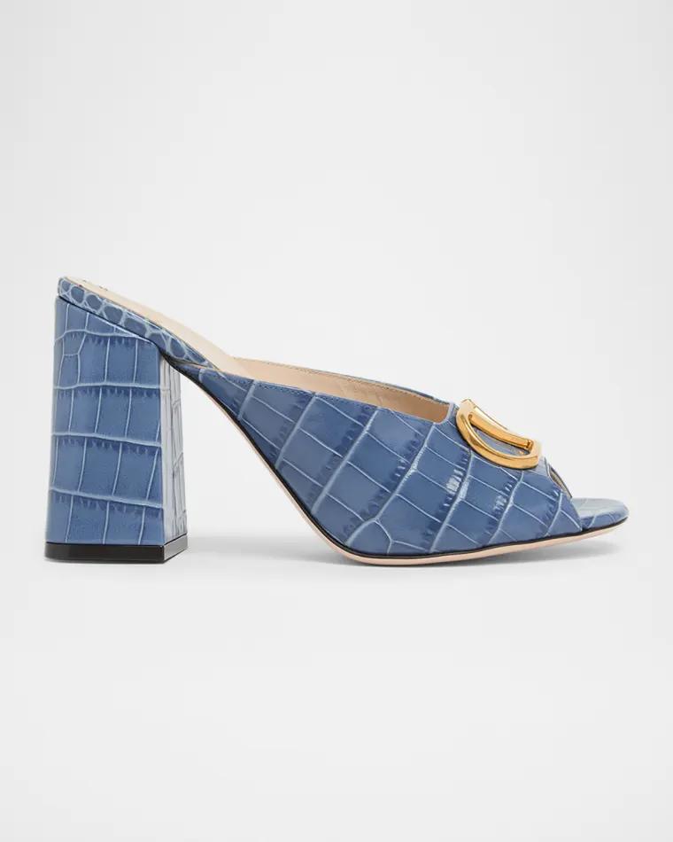 95mm VLogo Croc-Embossed Leather Mules by VALENTINO