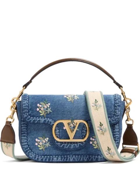 Alltime medium shoulder bag in embroidered denim with embroidered ribbon strap by VALENTINO