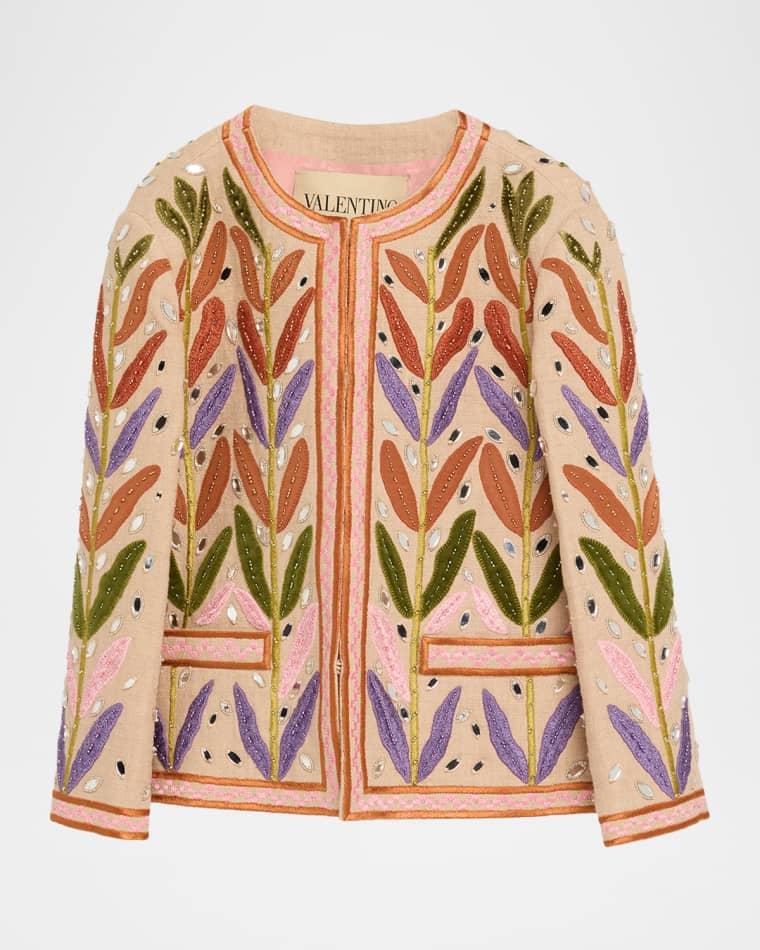 Beaded Leaf-Embroidered Linen Jacket by VALENTINO
