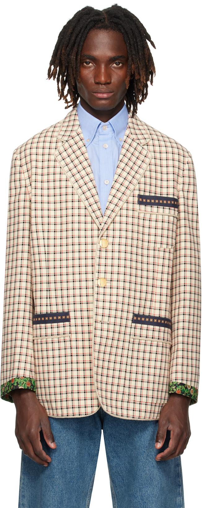 Beige Check Pattern Single-Breasted Cotton Blazer by VALENTINO