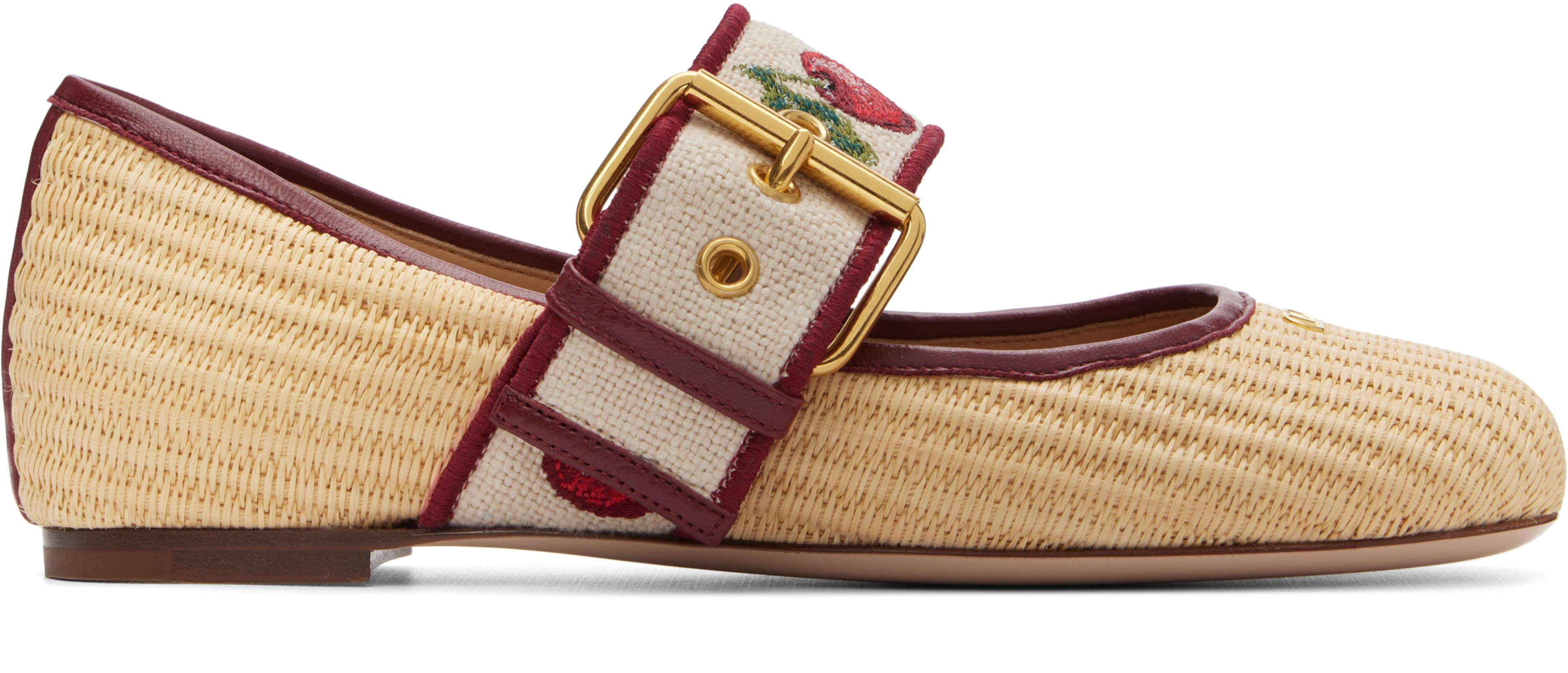 Beige Mary-Jane Bribri Raffia Ballerina Flats by VALENTINO