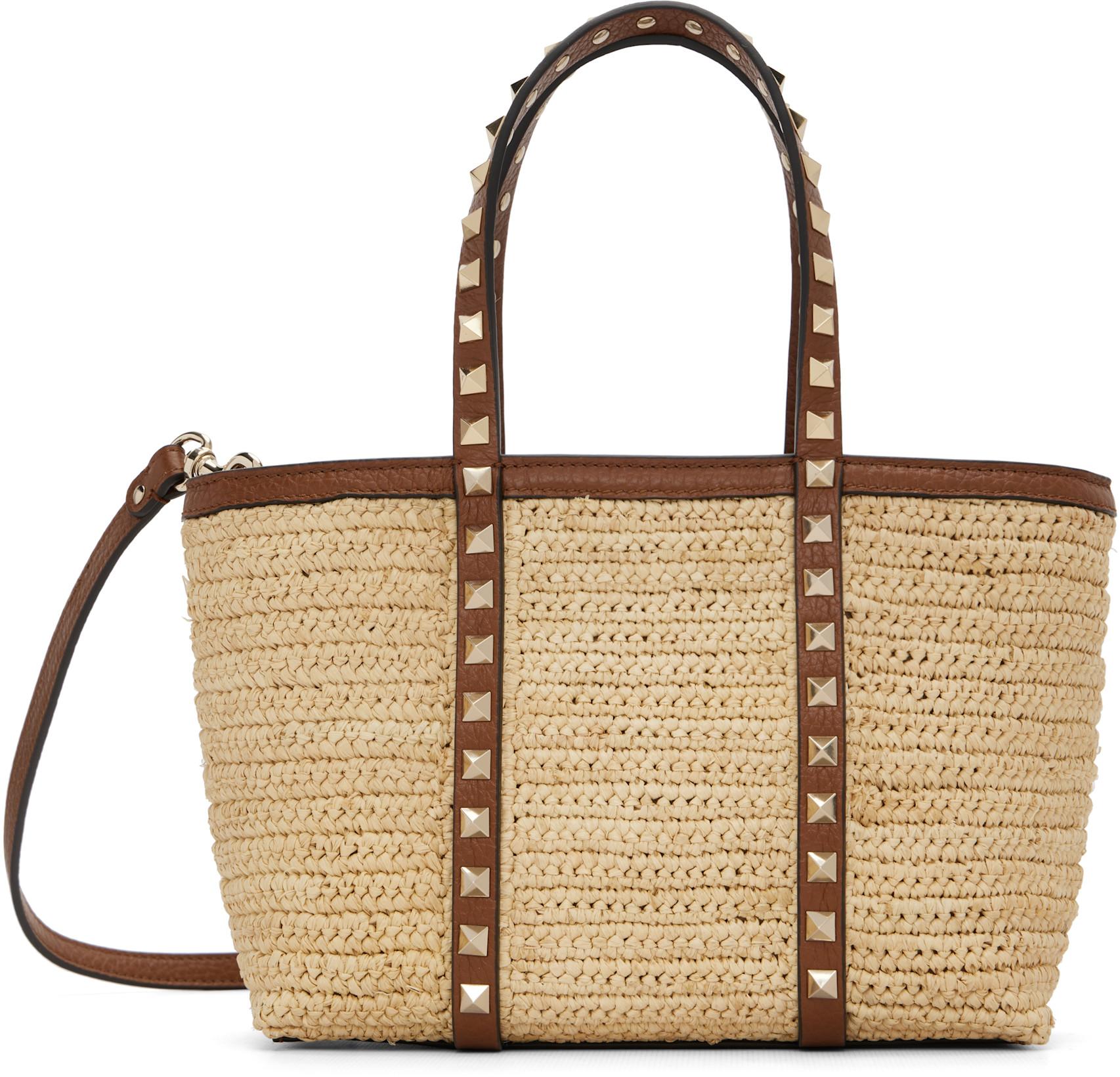 Beige Mini Rockstud Raffia Shopping Bag by VALENTINO