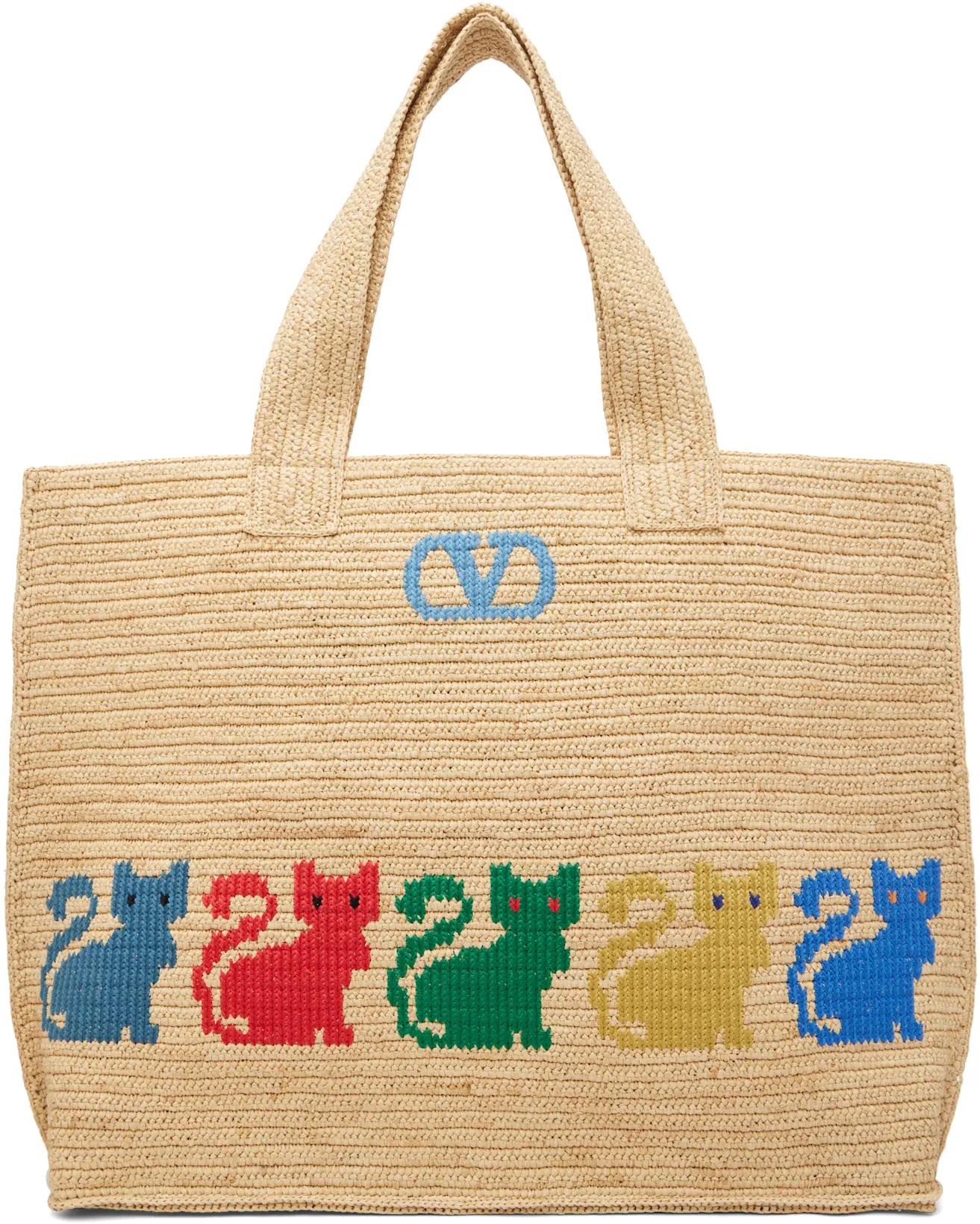Beige Raffiachat Large Raffia Shopping Tote by VALENTINO