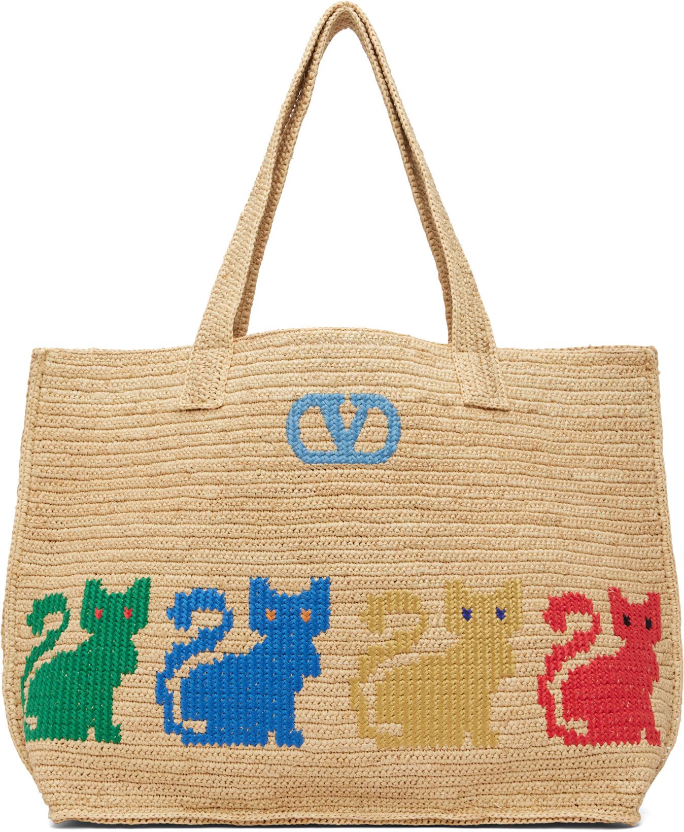 Beige Raffiachat Large Raffia Shopping Tote by VALENTINO