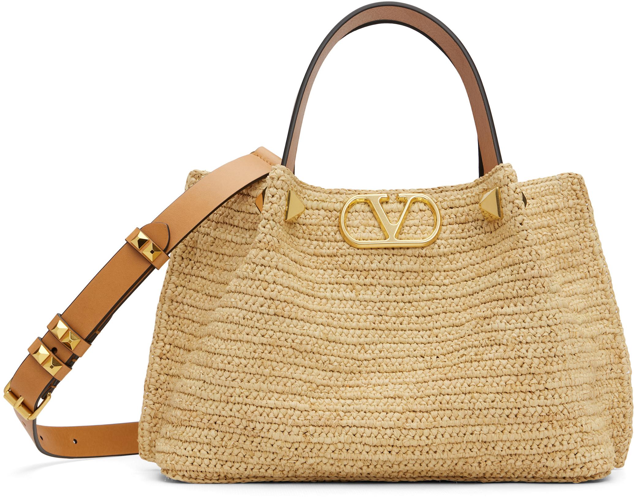 Beige Small Raffia Shopping Bag by VALENTINO