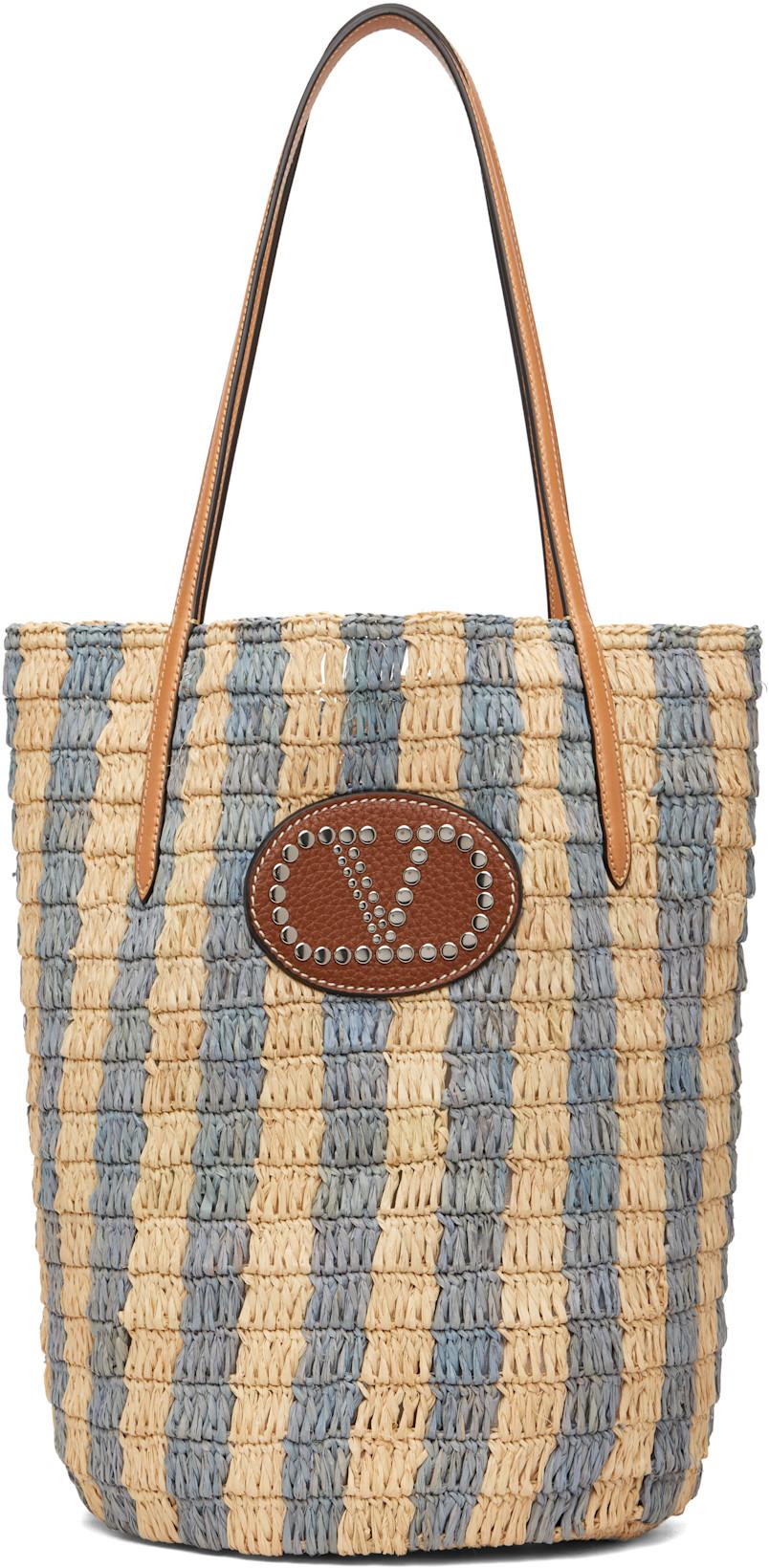 Beige & Blue Striped Raffia Shopping Tote by VALENTINO