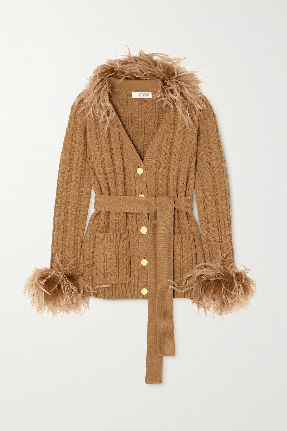 Belted feather-trimmed cable-knit wool cardigan by VALENTINO