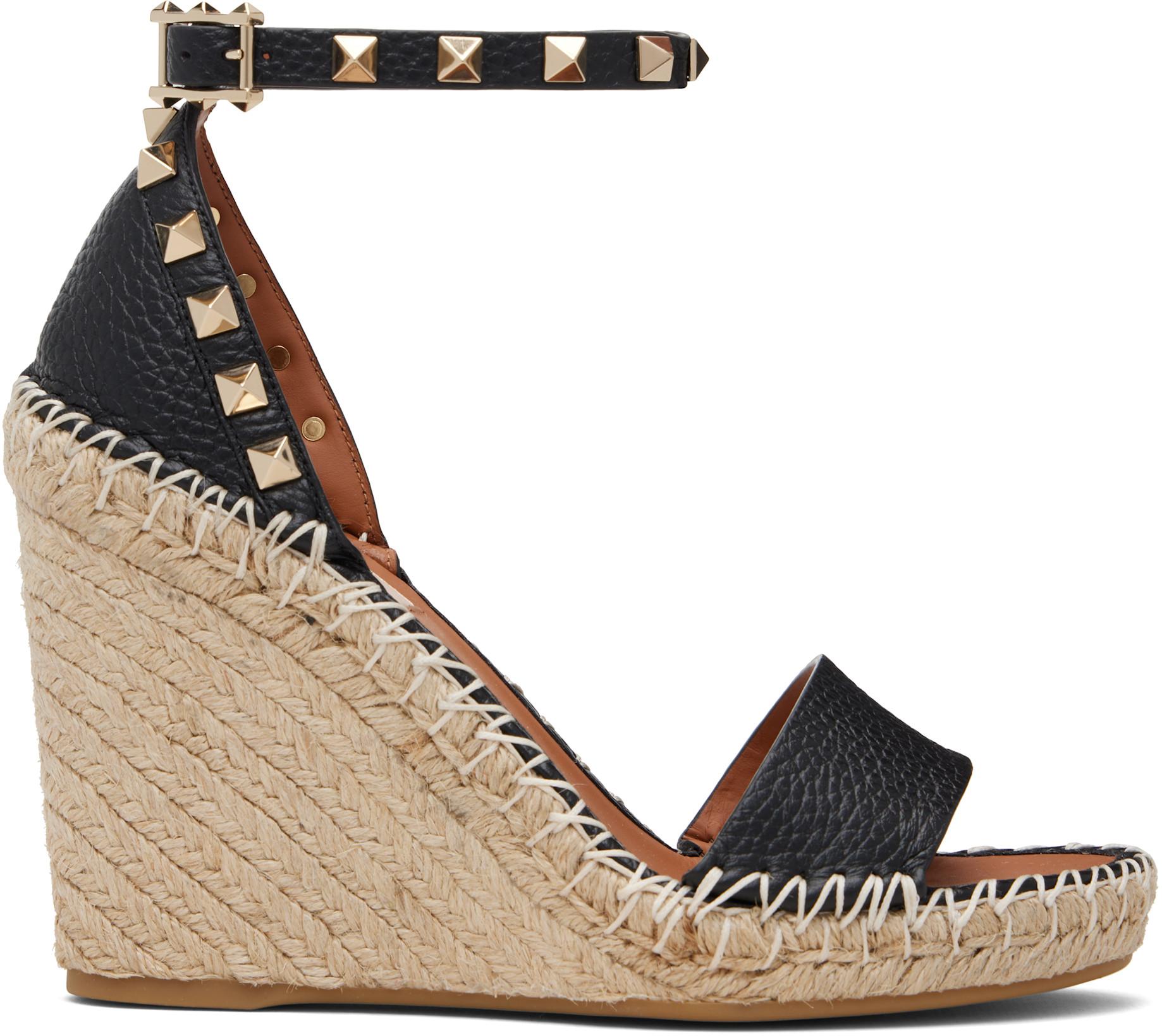 Black Double Rockstud Grainy Calfskin Wedge Sandals by VALENTINO