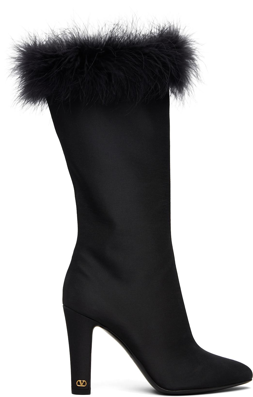 Black Feather Shantung Hotty Boots by VALENTINO