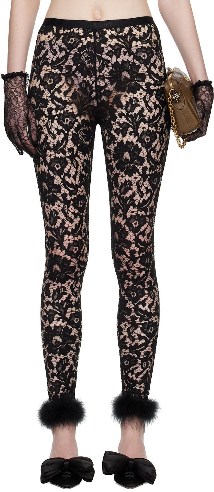 Black Feathers Lace Leggings by VALENTINO