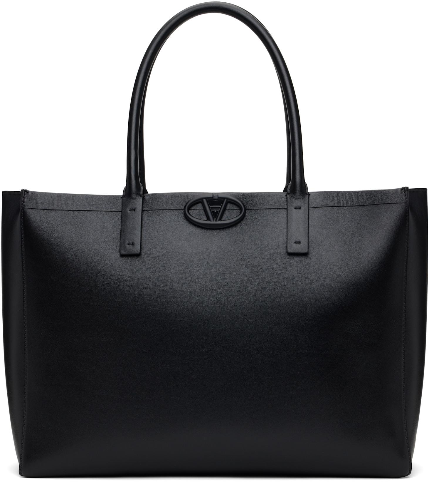 Black Medium Vlogo Locker Leather Shopping Tote by VALENTINO