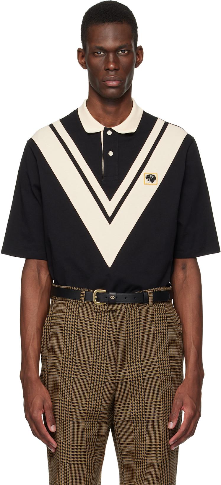 Black & Off-White Inlaid V Panther Patch Polo by VALENTINO