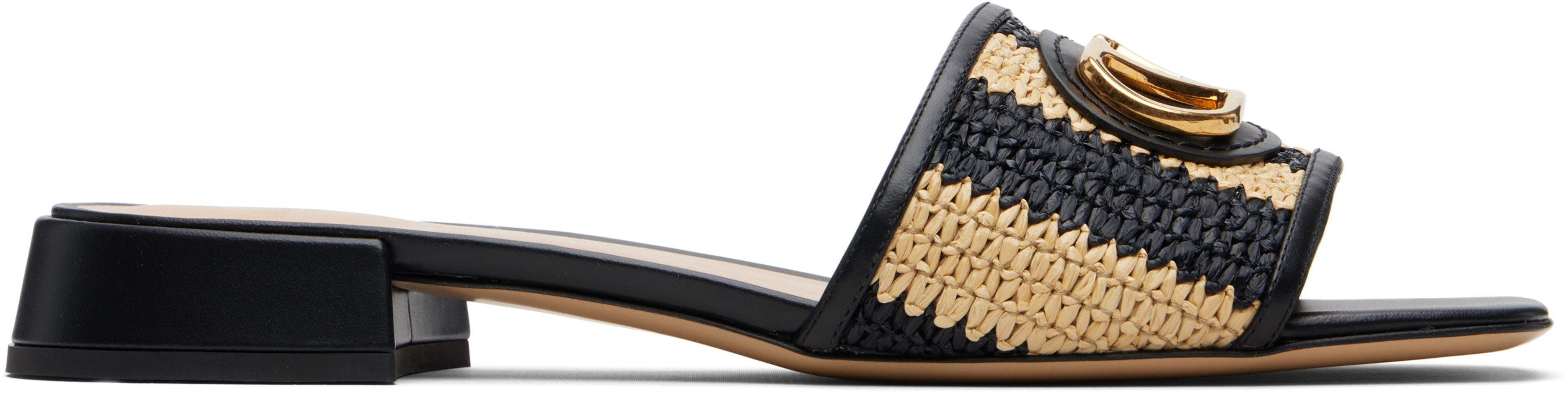 Black & Off-White VLogo Signature Faux-Raffia Slides by VALENTINO