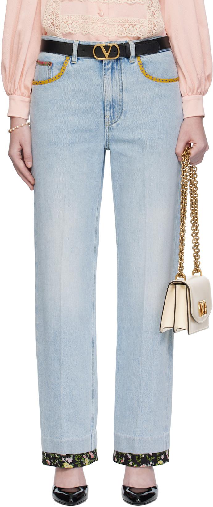 Blue Embroidered Denim Jeans by VALENTINO