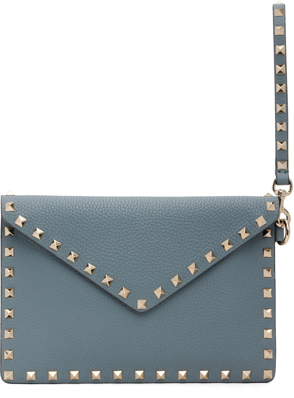 Blue Rockstud Grainy Calfskin Envelope Pouch by VALENTINO