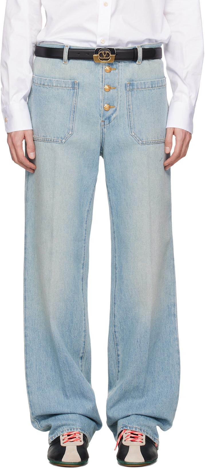 Blue Straight-Leg Creased Jeans by VALENTINO