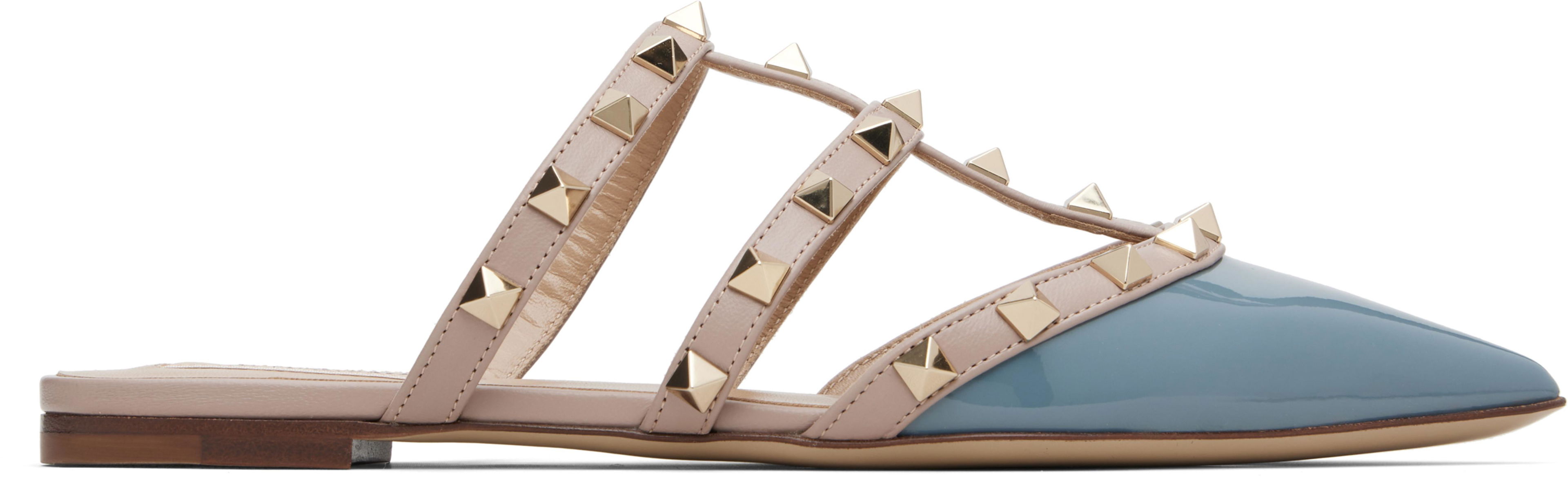 Blue & Pink Rockstud Patent-Leather Mules by VALENTINO