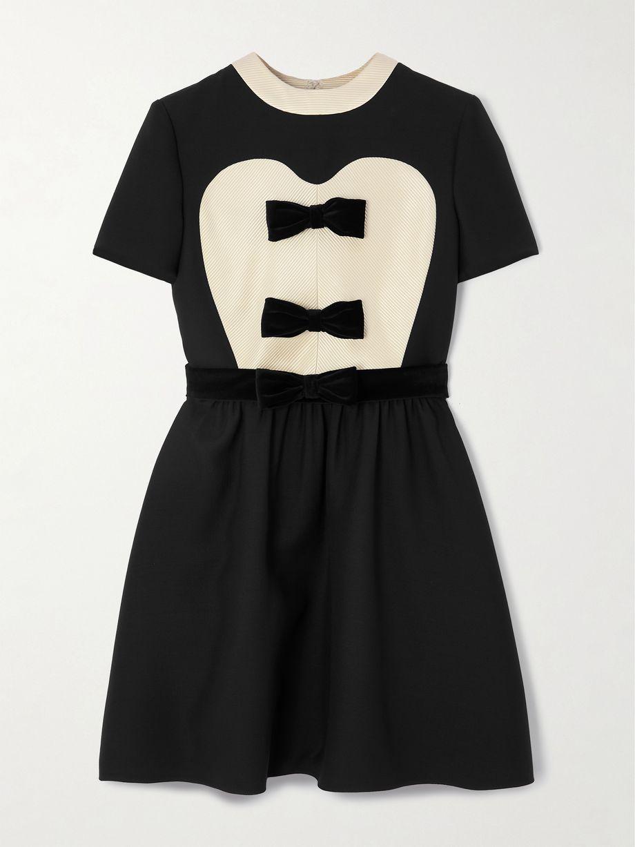 Bow-detailed velvet and ribbed satin-trimmed wool and silk-blend mini dress by VALENTINO