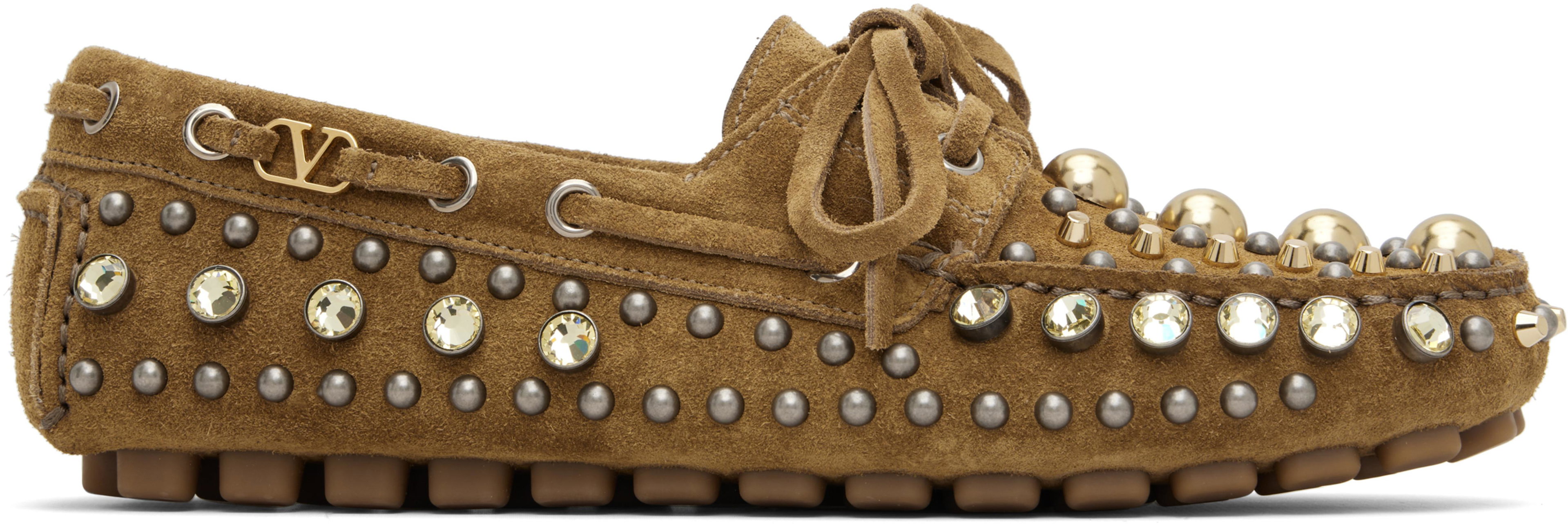 Brown Mixed Studs Boat Shoes by VALENTINO