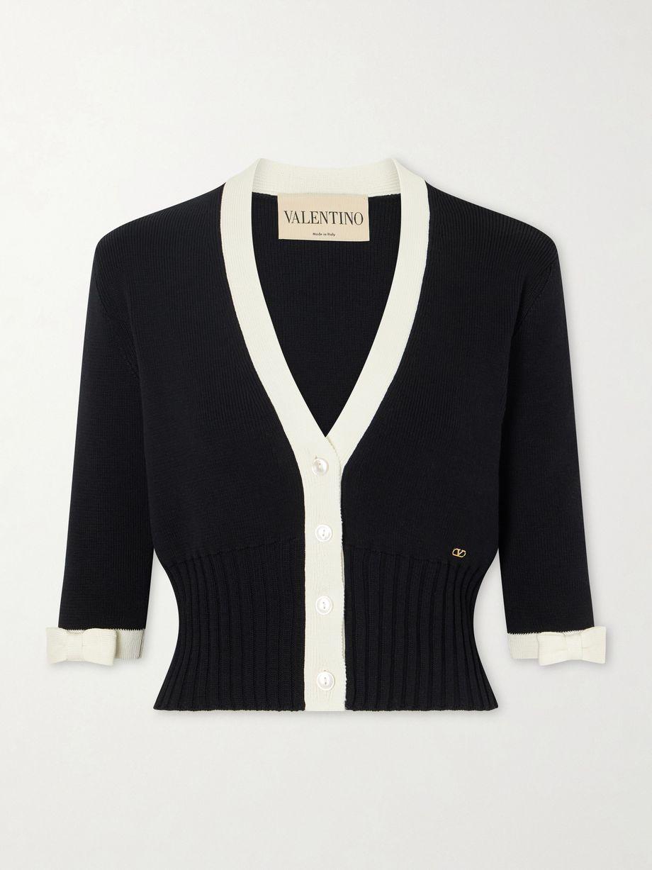 Cropped bow-embellished two-tone ribbed-knit cotton cardigan by VALENTINO