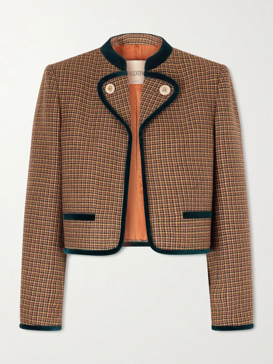 Cropped velvet-trimmed houndstooth wool jacket by VALENTINO