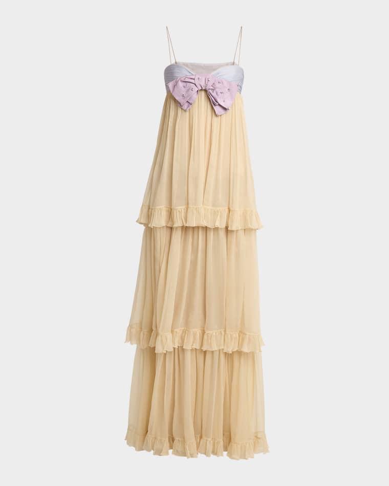 Crystal Creponne Bow Tiered Chiffon Babydoll Gown by VALENTINO