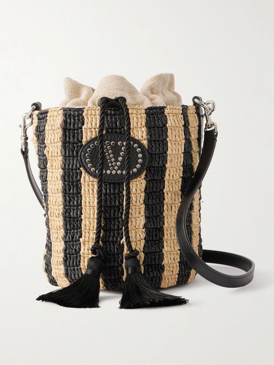Embellished striped leather-trimmed raffia bucket bag by VALENTINO