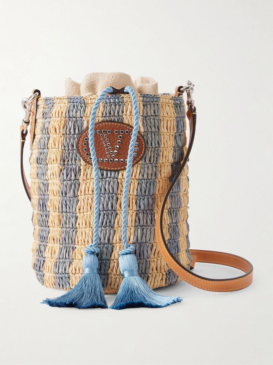 Embellished striped leather-trimmed raffia bucket bag by VALENTINO