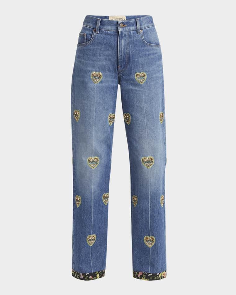 Embroidered Heart Denim Pants with Floral Boarder by VALENTINO